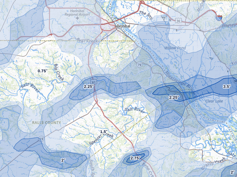 NEXRAD radar-signature map of the hail over New London, MO
