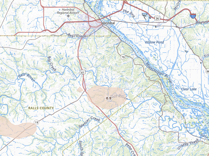 Radar-estimated hail-size map of the storm over New London, MO on May 4, 2026