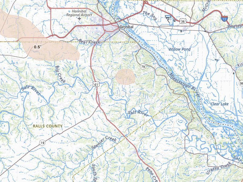 Radar-estimated hail-size map of the storm over New London, MO on Jul 10, 2026