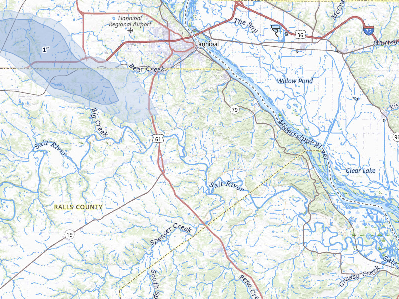 NEXRAD radar-signature map of the hail storm over New London, MO on Jul 10, 2026