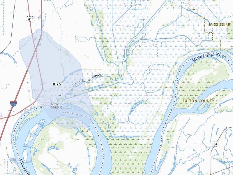 NEXRAD radar-signature map of the hail storm over New Madrid, MO on Mar 7, 2026