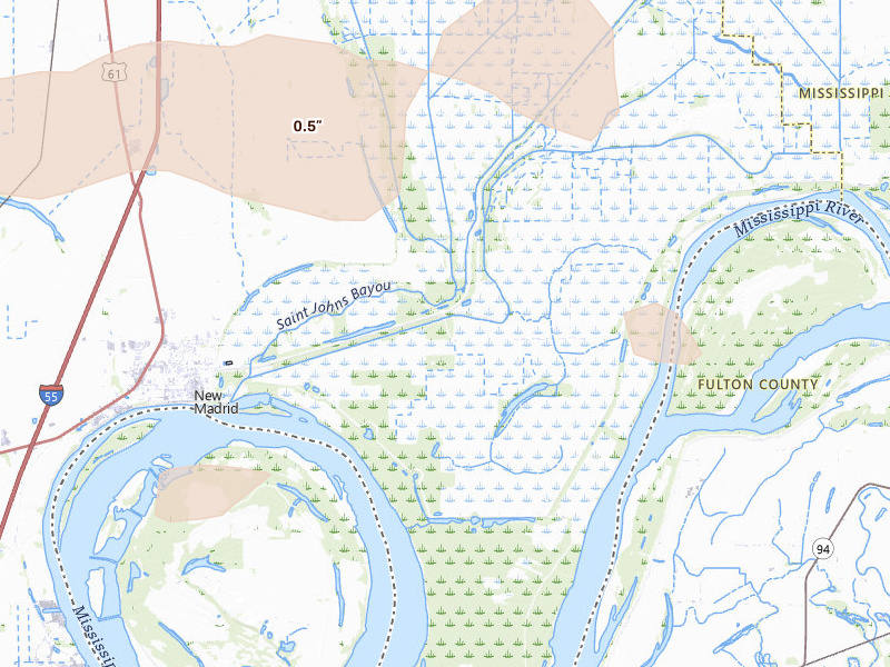 Radar-estimated hail-size map of the storm over New Madrid, MO on Apr 27, 2026