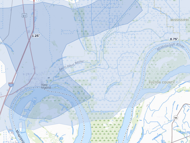 NEXRAD radar-signature map of the hail over New Madrid, MO