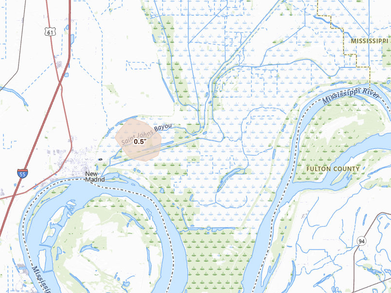 Radar-estimated hail-size map of the storm over New Madrid, MO on May 29, 2026
