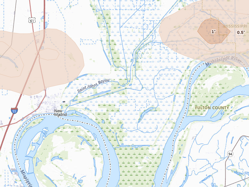 Radar-estimated hail-size map of the storm over New Madrid, MO on Jul 5, 2026