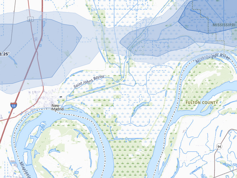 NEXRAD radar-signature map of the hail storm over New Madrid, MO on Jul 5, 2026