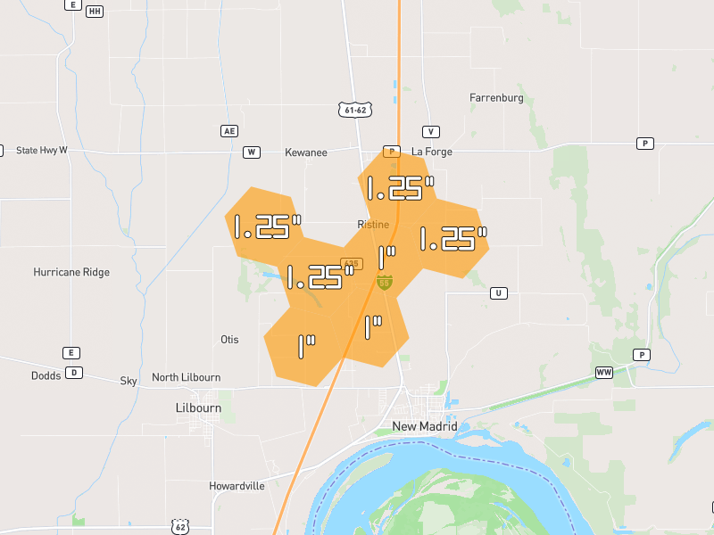 Hail map of New Madrid, MO on Jul 5, 2026, hail up to 1.25"