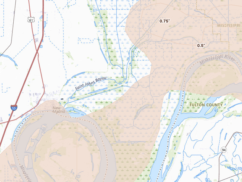 Radar-estimated hail-size map of the storm over New Madrid, MO on Jul 9, 2026