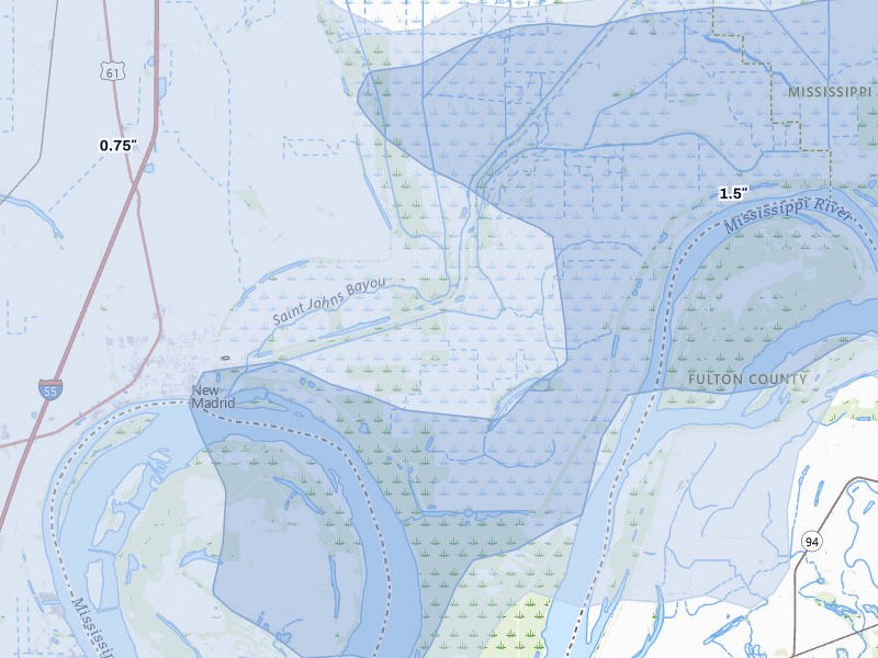 NEXRAD radar-signature map of the hail storm over New Madrid, MO on Jul 9, 2026