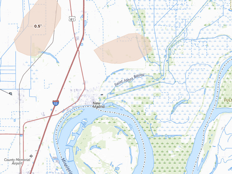 Radar-estimated hail-size map of the storm over New Madrid, MO on Aug 19, 2026