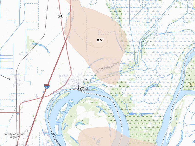 Radar-estimated hail-size map of the storm over New Madrid, MO on Aug 26, 2026