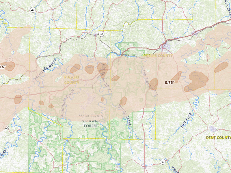 Radar-estimated hail-size map of the storm over Newburg, MO on Apr 26, 2026
