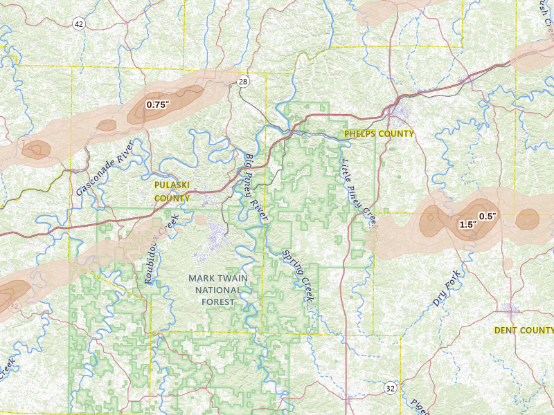 Radar-estimated hail-size map of the storm over Newburg, MO on Apr 27, 2026