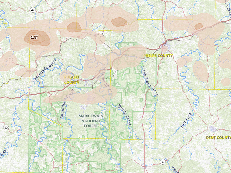 Radar-estimated hail-size map of the storm over Newburg, MO on May 31, 2026