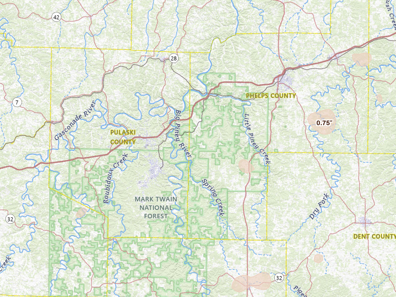 Radar-estimated hail-size map of the storm over Newburg, MO on Jul 4, 2026