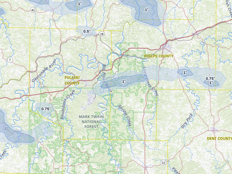 NEXRAD radar-signature map of the hail storm over Newburg, MO on Jul 10, 2026