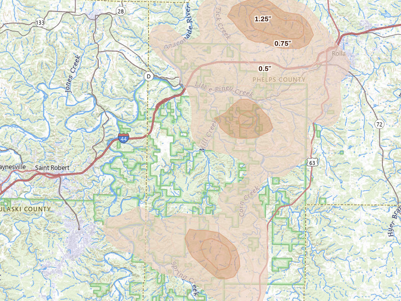 Radar-estimated hail-size map of the storm over Newburg, MO on Aug 12, 2026