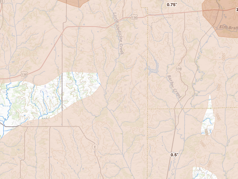Radar-estimated hail-size map of the storm over Newtown, MO on Jun 11, 2026