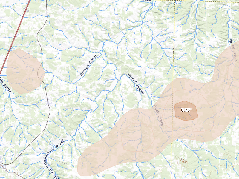 Radar-estimated hail-size map of the storm over Niangua, MO on Mar 4, 2026