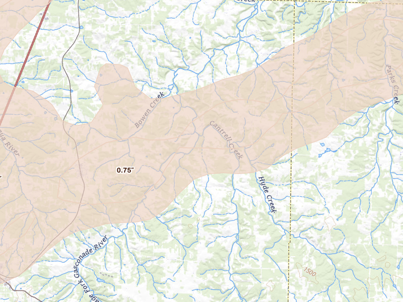 Radar-estimated hail-size map of the storm over Niangua, MO on Apr 28, 2026