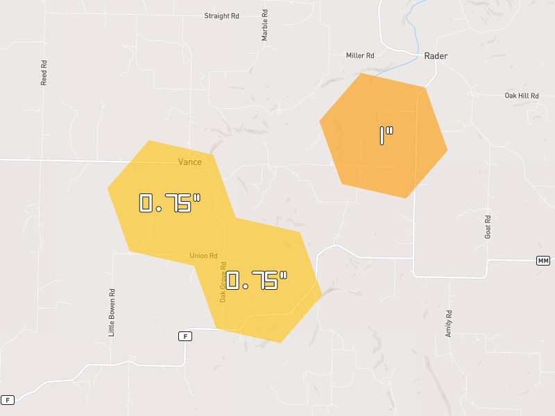 Hail map of Niangua, MO on Jun 27, 2026, hail up to 1"