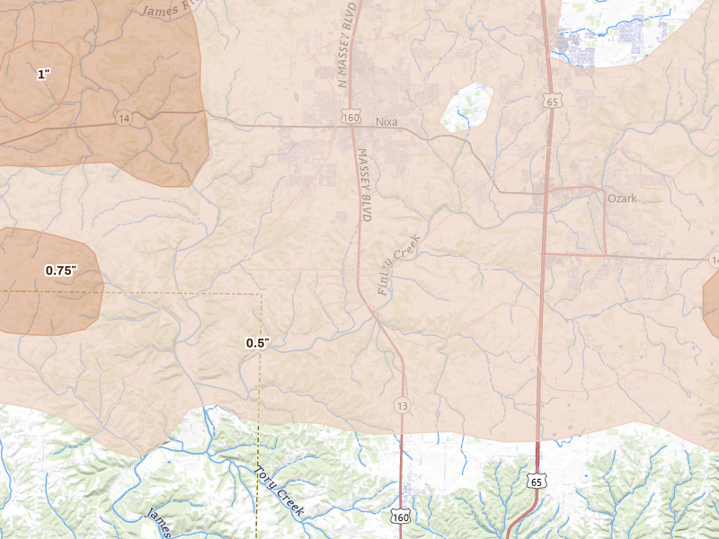 Radar-estimated hail-size map of the storm over Nixa, MO on Apr 28, 2026