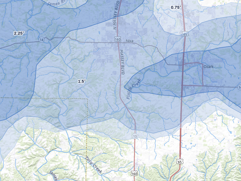 NEXRAD radar-signature map of the hail storm over Nixa, MO on Apr 28, 2026