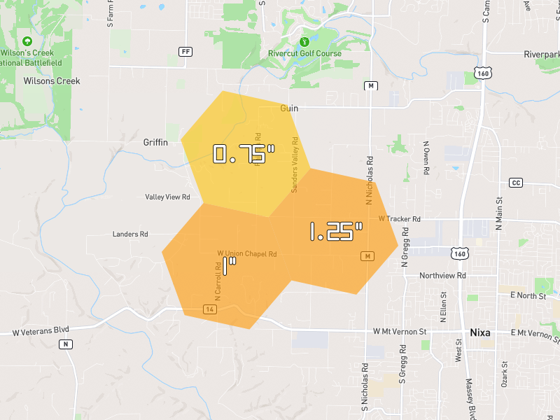 Hail map of Nixa, MO on Jul 6, 2026, hail up to 1.25"