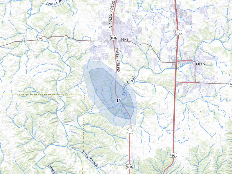 NEXRAD radar-signature map of the hail storm over Nixa, MO on Jul 10, 2026
