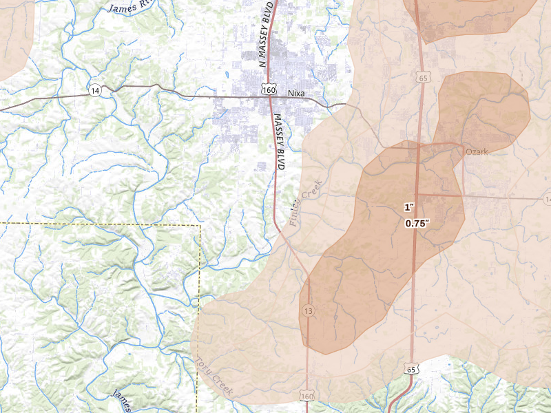 Radar-estimated hail-size map of the storm over Nixa, MO on Aug 6, 2026