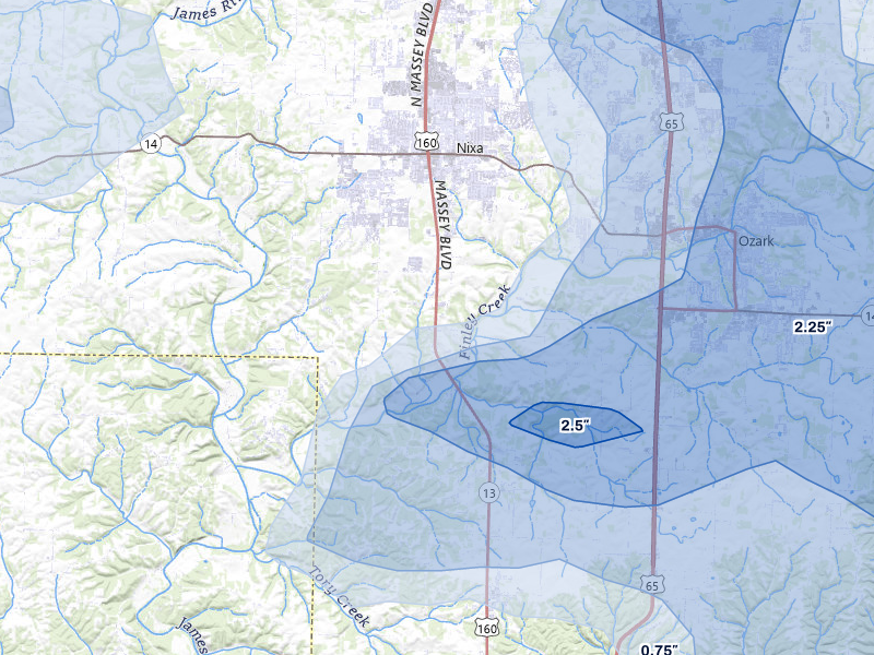 NEXRAD radar-signature map of the hail storm over Nixa, MO on Aug 6, 2026