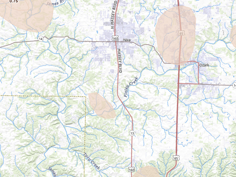 Radar-estimated hail-size map of the storm over Nixa, MO on Aug 7, 2026