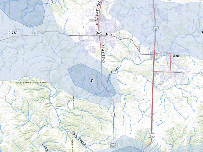 NEXRAD radar-signature map of the hail storm over Nixa, MO on Aug 7, 2026
