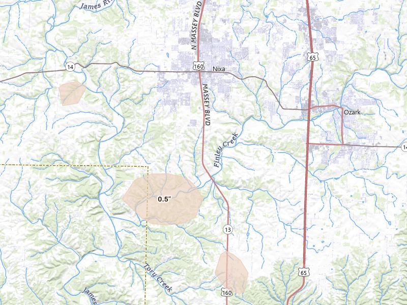 Radar-estimated hail-size map of the storm over Nixa, MO on Aug 16, 2026