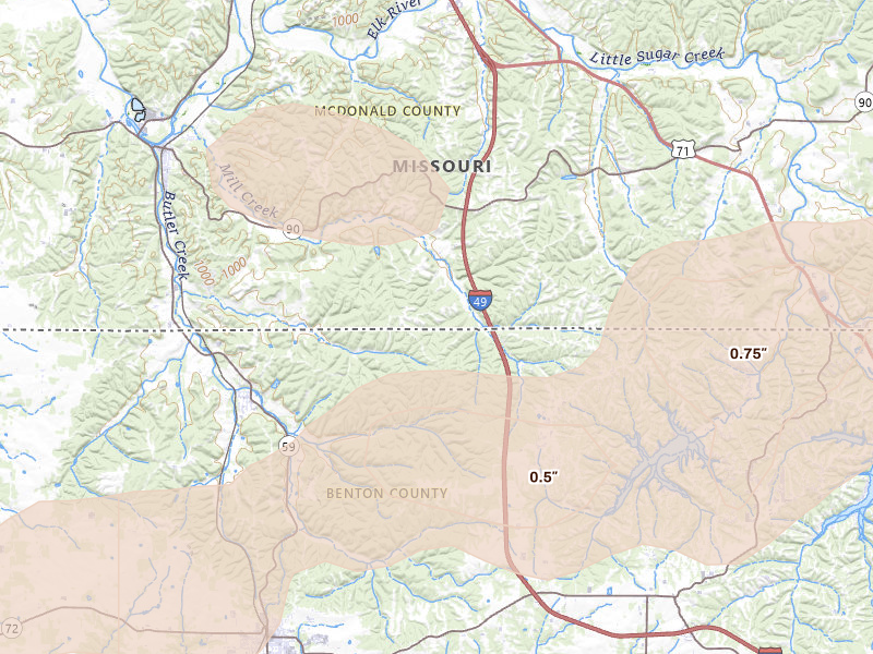 Radar-estimated hail-size map of the storm over Noel, MO on Apr 27, 2026