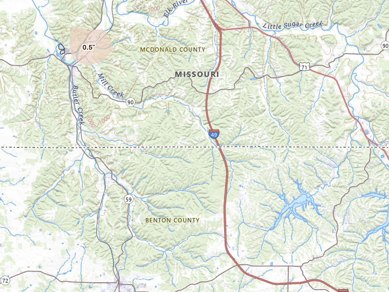Radar-estimated hail-size map of the storm over Noel, MO on May 4, 2026