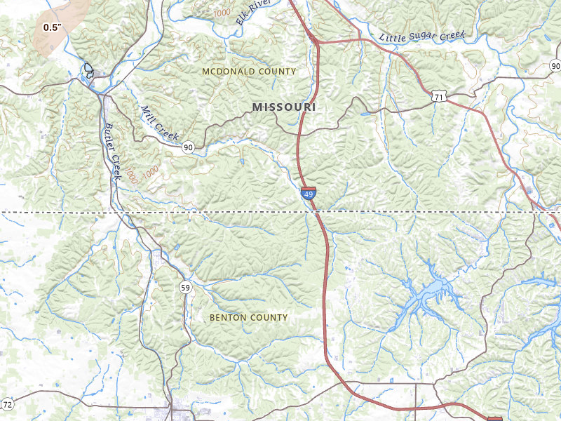 Radar-estimated hail-size map of the storm over Noel, MO on May 18, 2026