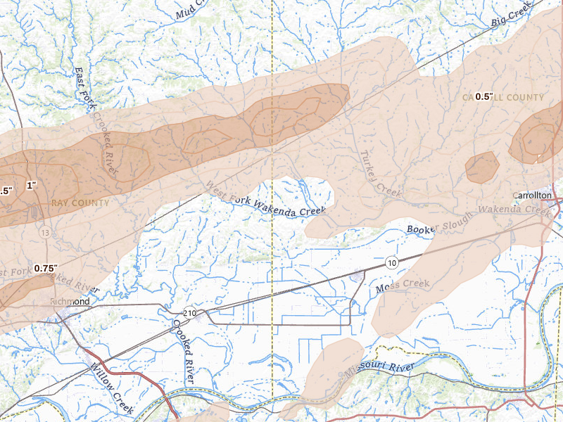 Radar-estimated hail-size map of the storm over Norborne, MO on Mar 10, 2026