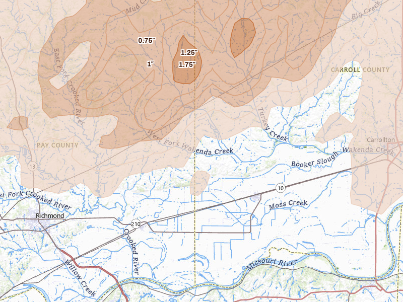 Radar-estimated hail-size map of the storm over Norborne, MO on Apr 26, 2026