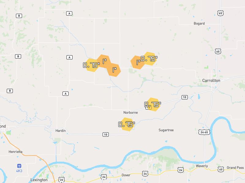 Hail map of Norborne, MO on Jun 1, 2026, hail up to 1"