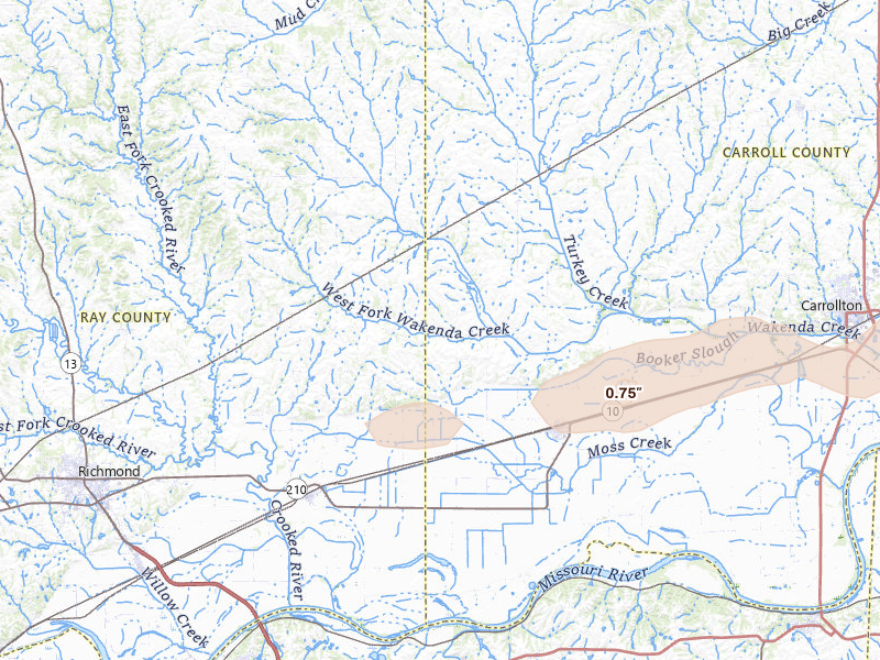 Radar-estimated hail-size map of the storm over Norborne, MO on Jun 11, 2026
