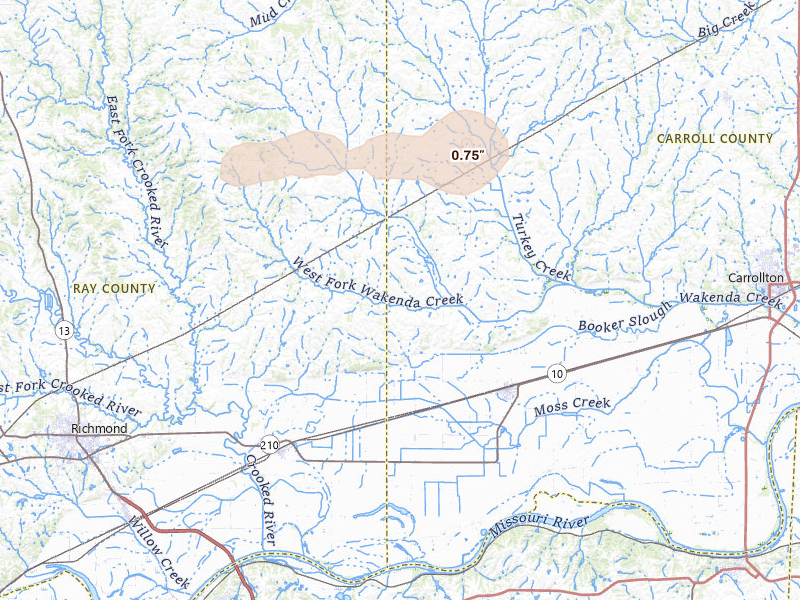 Radar-estimated hail-size map of the storm over Norborne, MO on Jul 10, 2026