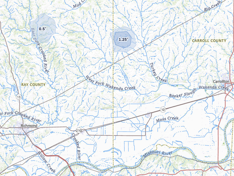 NEXRAD radar-signature map of the hail storm over Norborne, MO on Jul 10, 2026