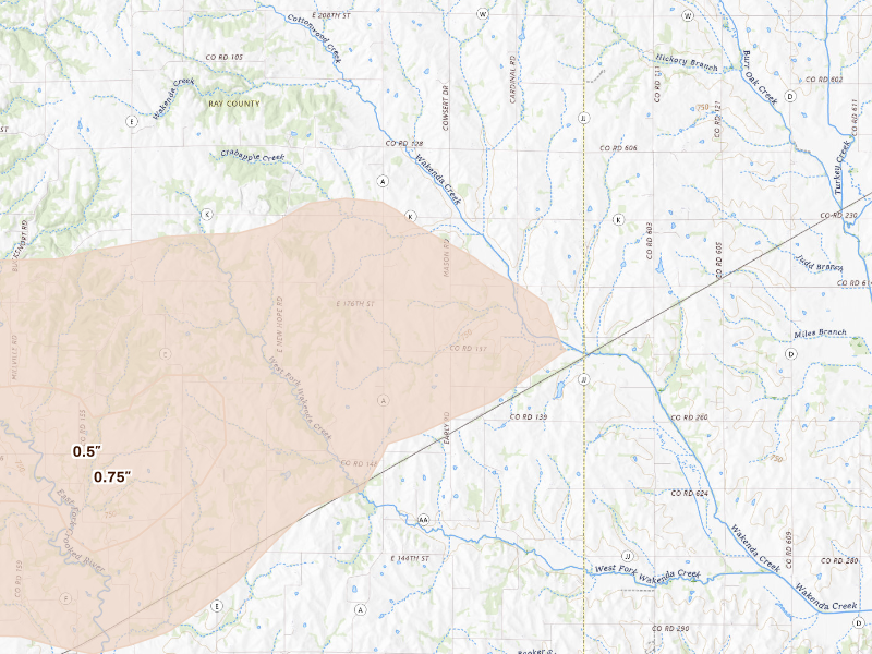 Radar-estimated hail-size map of the storm over Norborne, MO