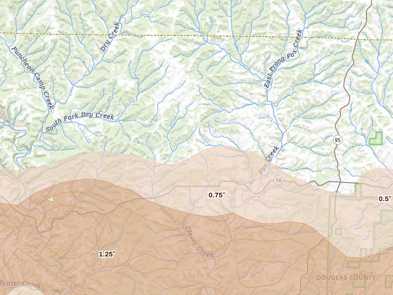 Radar-estimated hail-size map of the storm over Norwood, MO on Apr 27, 2026