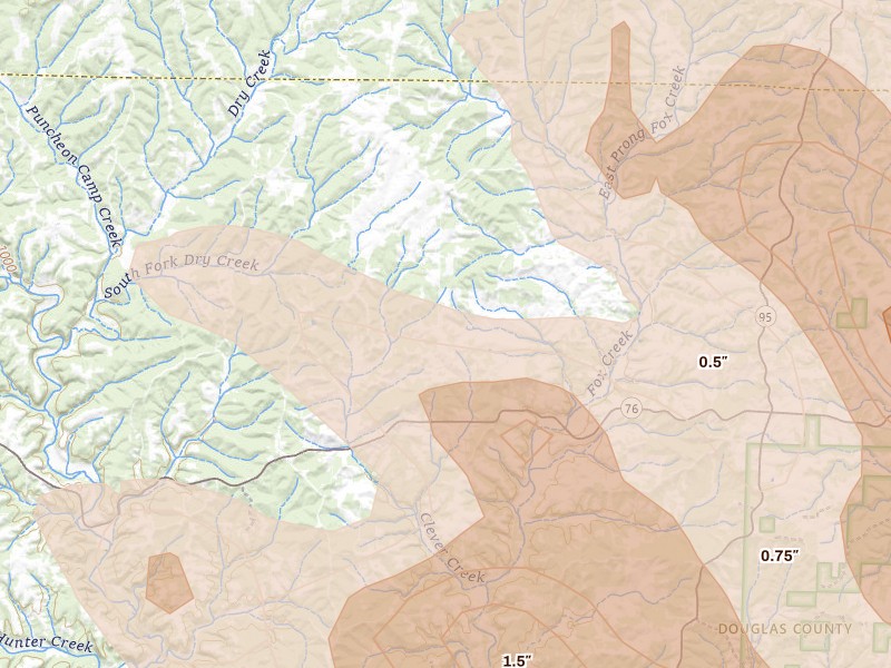 Radar-estimated hail-size map of the storm over Norwood, MO on Jun 1, 2026
