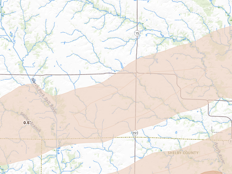 Radar-estimated hail-size map of the storm over Novelty, MO on Mar 10, 2026