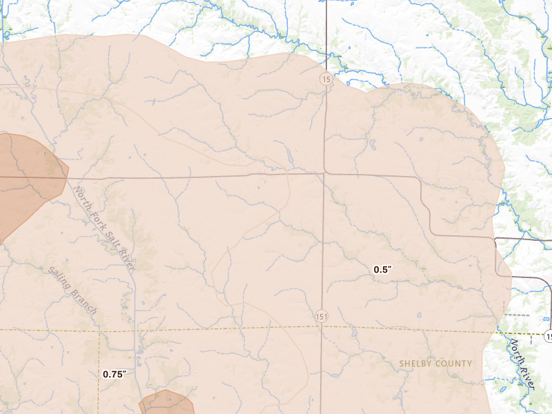 Radar-estimated hail-size map of the storm over Novelty, MO on Jun 11, 2026