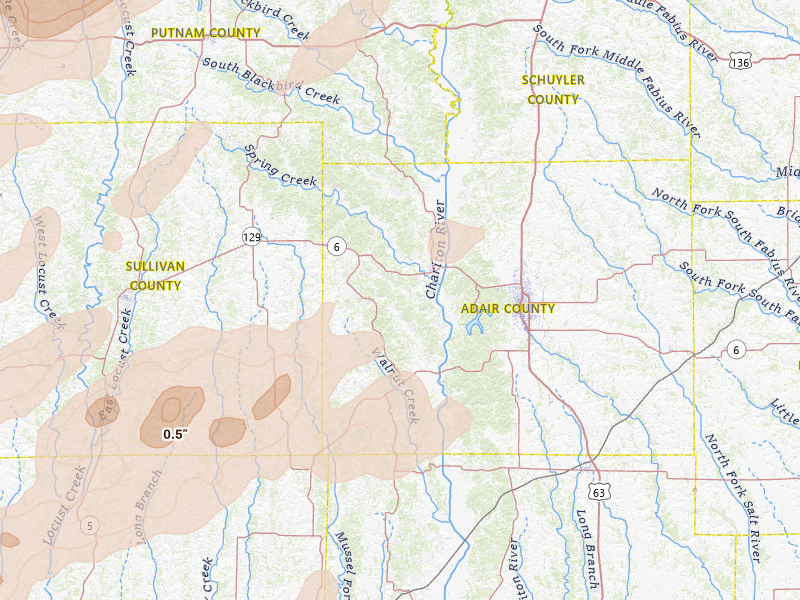 Radar-estimated hail-size map of the storm over Novinger, MO on Apr 17, 2026
