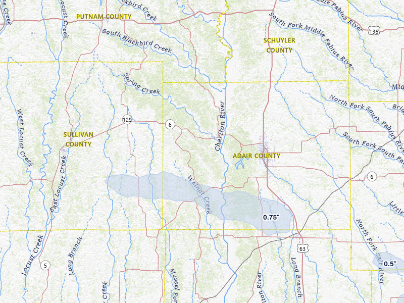 NEXRAD radar-signature map of the hail storm over Novinger, MO on May 3, 2026